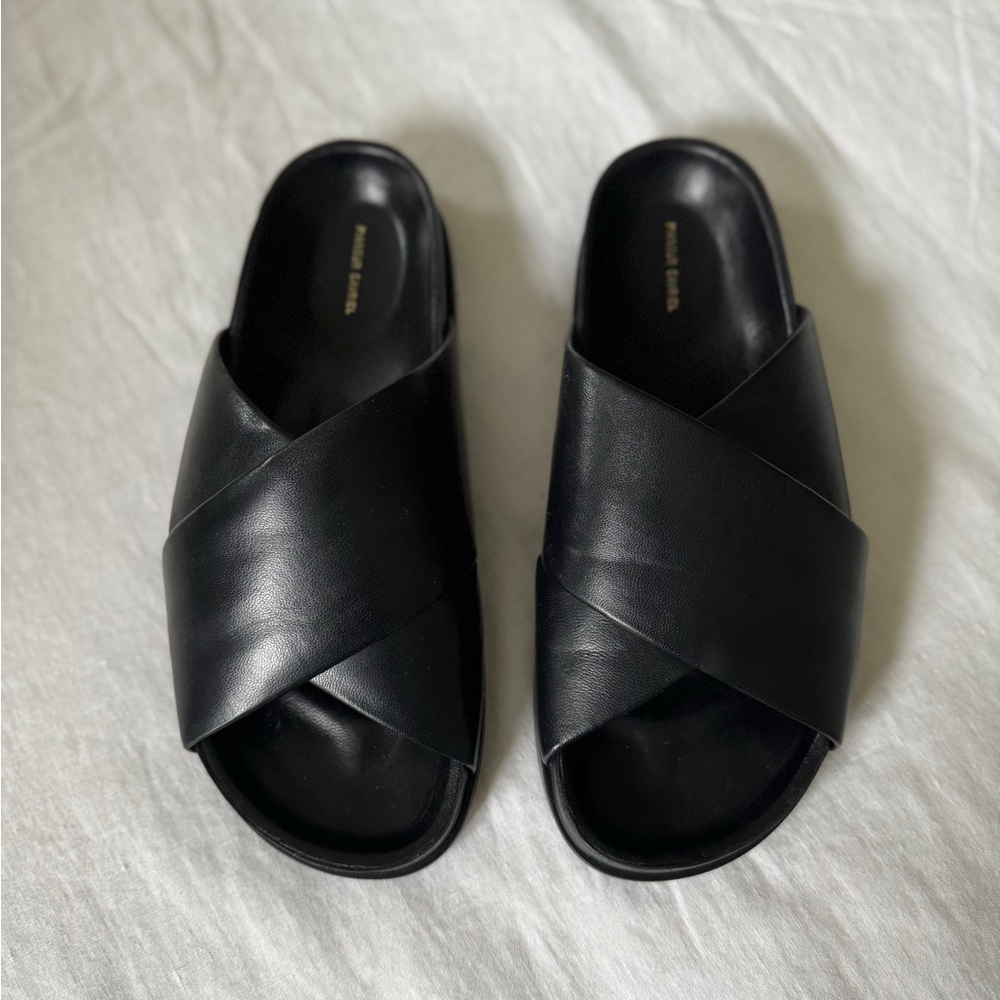 Mansur Gavriel Black Lambskin Cross-Strap Sandals (Originally $445)